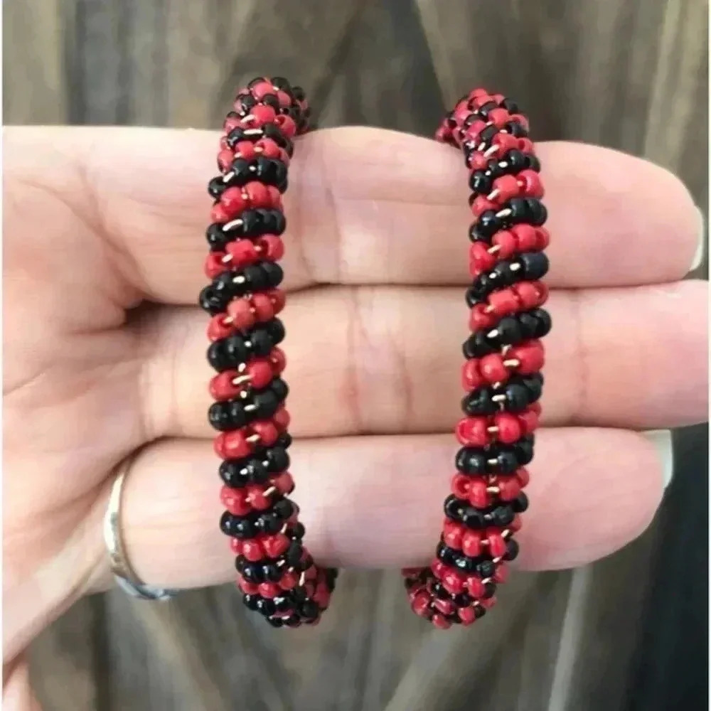 Red & Black Huge Seed Bead Stainless Steel Hoop Earrings NWT